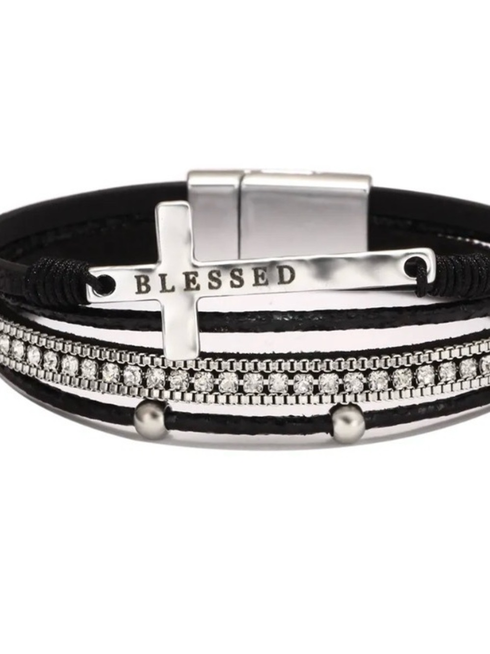 Blessed Cross Leather Bracelet with Silver Accent (4 Colors)